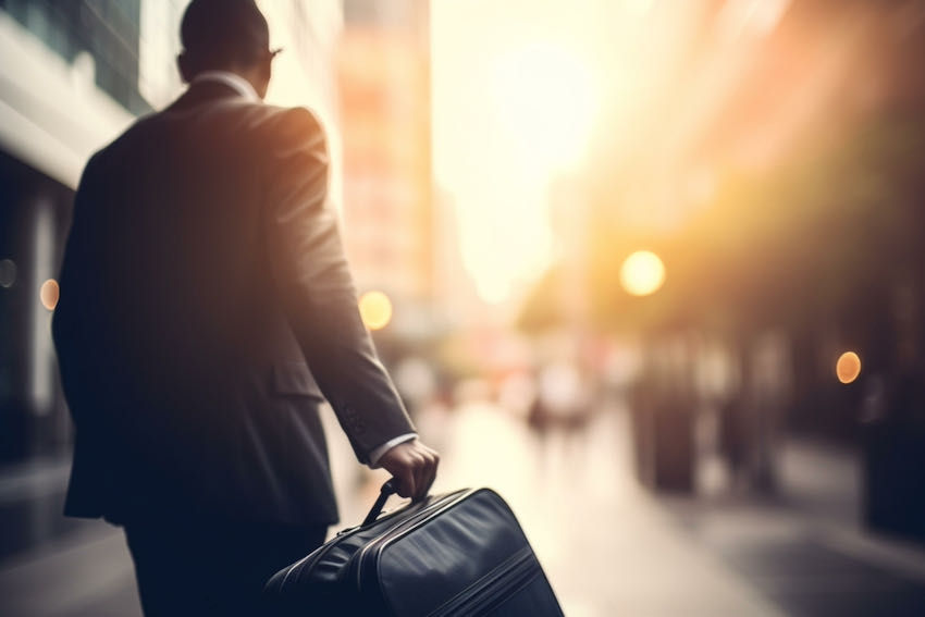 Business traveller with bag on street